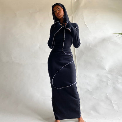 Long Sleeve Hooded Patchwork Skinny Maxi Dress Autumn Winter Women Fashion