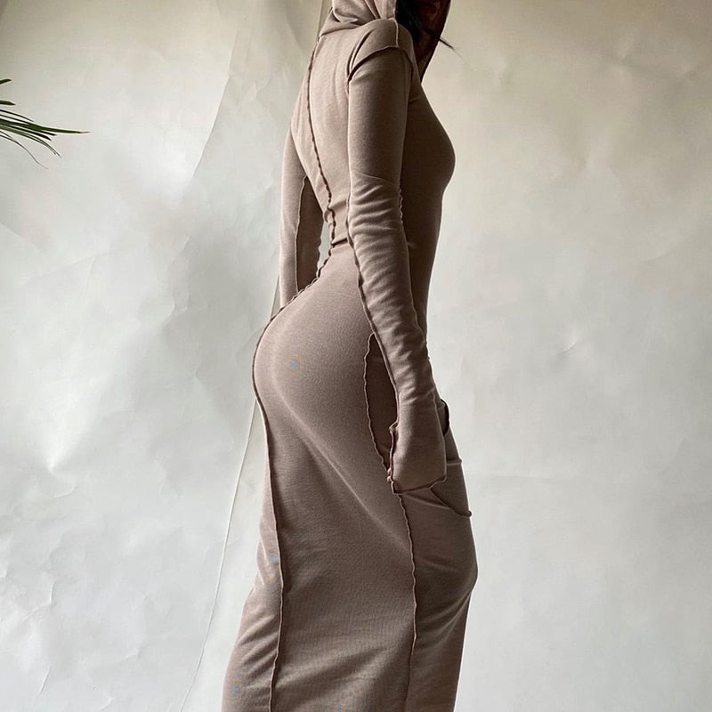 Long Sleeve Hooded Patchwork Skinny Maxi Dress Autumn Winter Women Fashion
