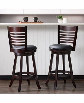 Wood Barstools with Bonded Leather Seat and 6-Slat Backrest Set of 2 - Furniture